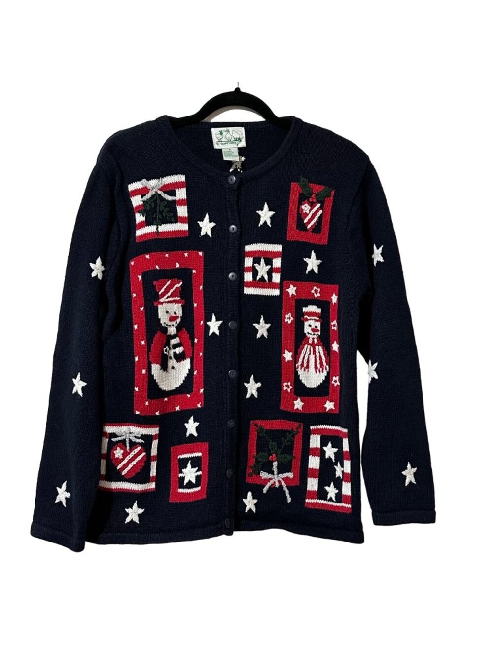 Holiday Snowman Christmas Sweater Cardigan Navy Medium Festive Knit Red & White